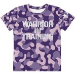 A 'Warrior in Training' Kids Crew Neck T-Shirt (Purple Camo) for warriors.