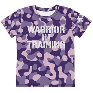 A 'Warrior in Training' Kids Crew Neck T-Shirt (Purple Camo) for warriors.
