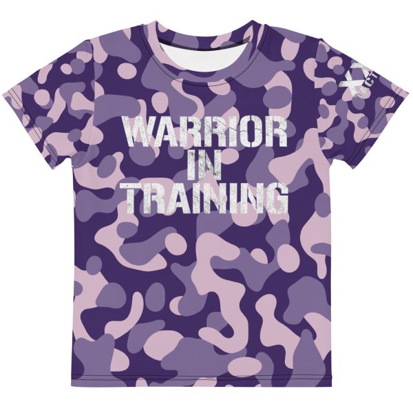 A 'Warrior in Training' Kids Crew Neck T-Shirt (Purple Camo) for warriors.
