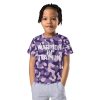 A young warrior in training, wearing a 'Warrior in Training' Kids Crew Neck T-Shirt (Purple Camo).