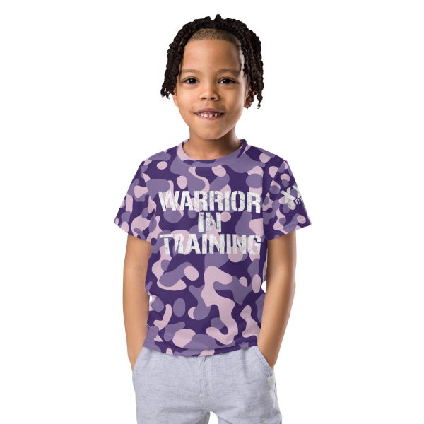 A young warrior in training, wearing a 'Warrior in Training' Kids Crew Neck T-Shirt (Purple Camo).