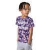 A young boy in a 'Warrior in Training' Kids Crew Neck T-Shirt (Purple Camo) undergoes warrior training.