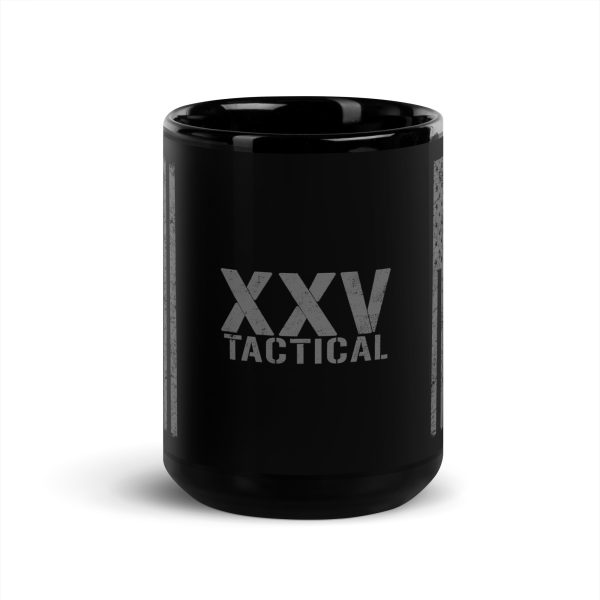 A black mug with the word xv tactical on it, featuring a Distressed Flag Veteran Mug design.