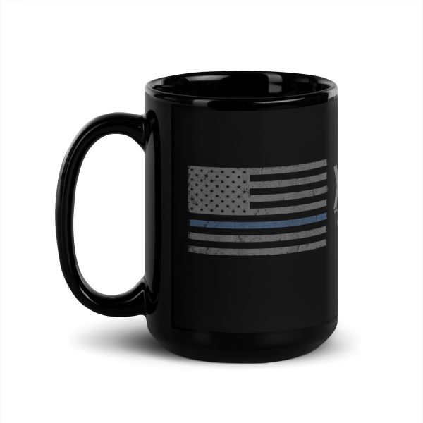 A distressed Thin Blue Line Flag mug with a bold Thin Blue Line flag design.