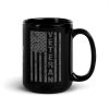 A black Distressed Flag Veteran Mug featuring the word "veteran" and a distressed flag design.