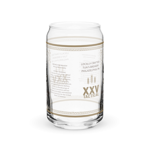 A XXV Tactical Collectable Liberty Lager Can-Shaped Glass with the word vxx on it.