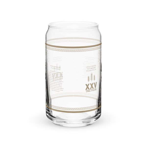 A glass with the word XXV Tactical Collectable Liberty Lager Can-Shaped Glass on it.