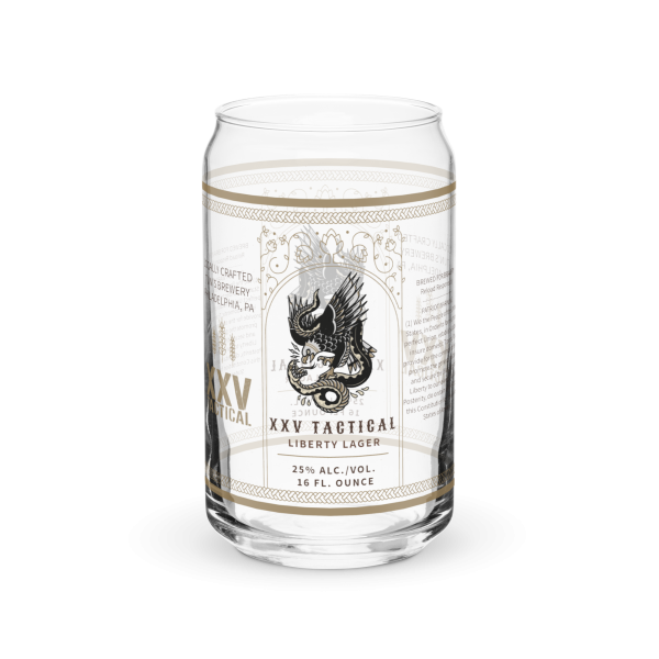 A XXV Tactical Collectable Liberty Lager Can-Shaped Glass with an eagle on it.