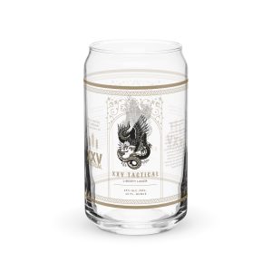 A XXV Tactical Collectable Liberty Lager Can-Shaped Glass with a striking eagle design, perfect for enjoying Liberty Lager.