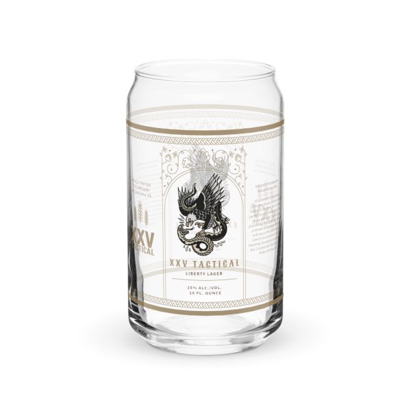 A XXV Tactical Collectable Liberty Lager Can-Shaped Glass with a striking eagle design, perfect for enjoying Liberty Lager.