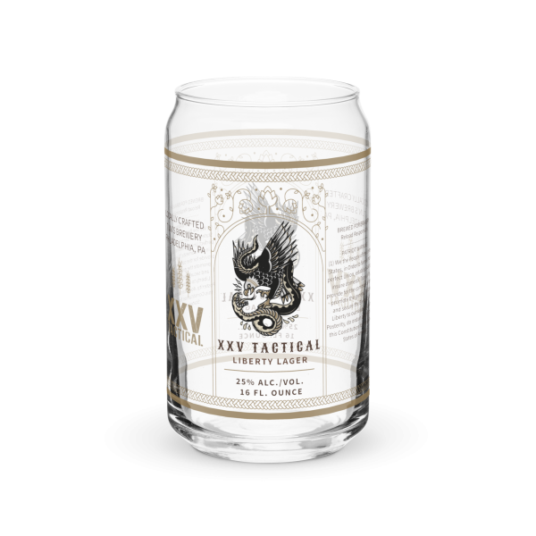 A XXV Tactical Collectable Liberty Lager Can-Shaped Glass with an eagle on it.