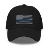 An Embroidered Thin Blue Line Flag Hat with a thin blue line.