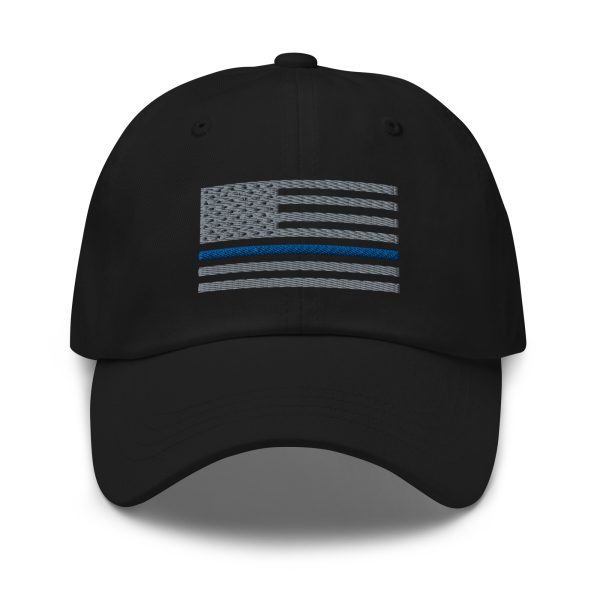 An Embroidered Thin Blue Line Flag Hat with a thin blue line.