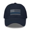 An Embroidered Thin Blue Line Flag Hat with a thin blue line on it.