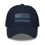 An Embroidered Thin Blue Line Flag Hat with a thin blue line on it.