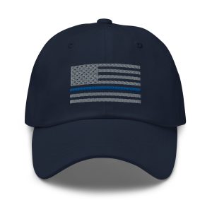 An Embroidered Thin Blue Line Flag Hat with a thin blue line on it.