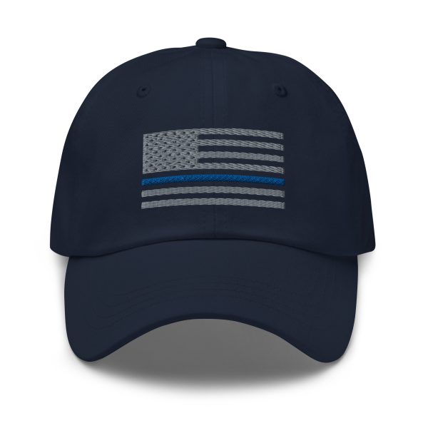 An Embroidered Thin Blue Line Flag Hat with a thin blue line on it.