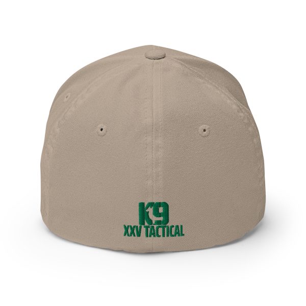 A tan hat with the word Embroidered Sheriff K-9 Patrol Hat -Green Thread embroidered on it.