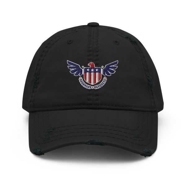 An American Eagle Distressed Dad Hat with an American eagle motif featuring wings on it.