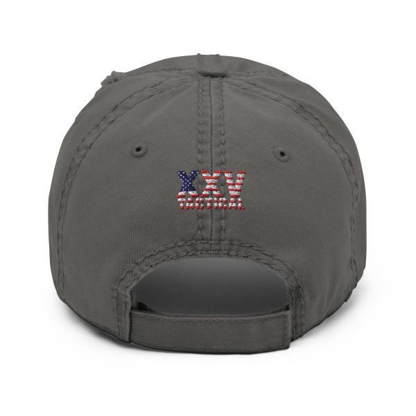 A gray American Eagle Distressed Dad Hat with an American flag on it.