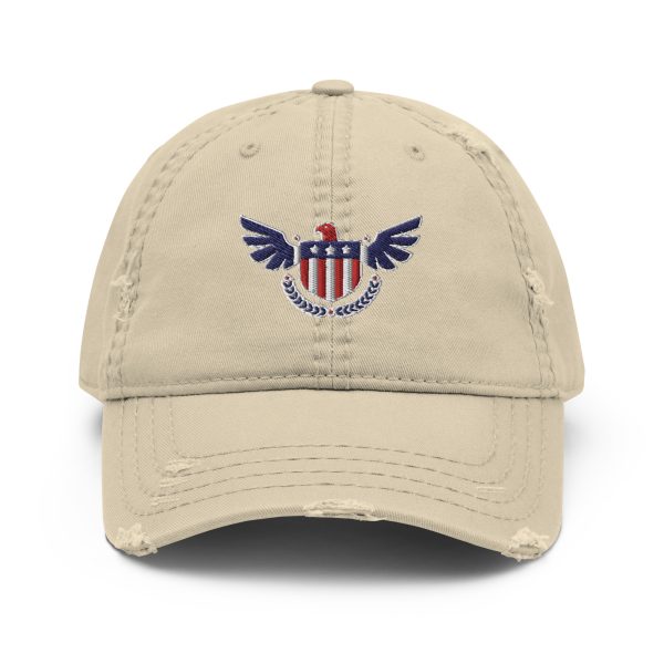 An American Eagle Distressed Dad Hat with an American eagle on it.