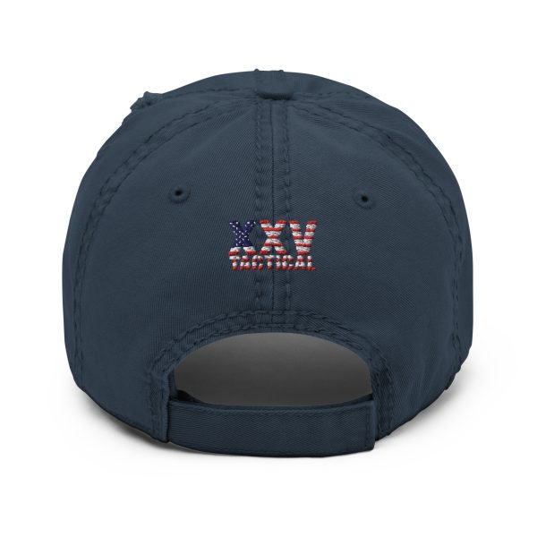 A navy American Eagle Distressed Dad Hat with an American flag on it, perfect for a patriotic look.