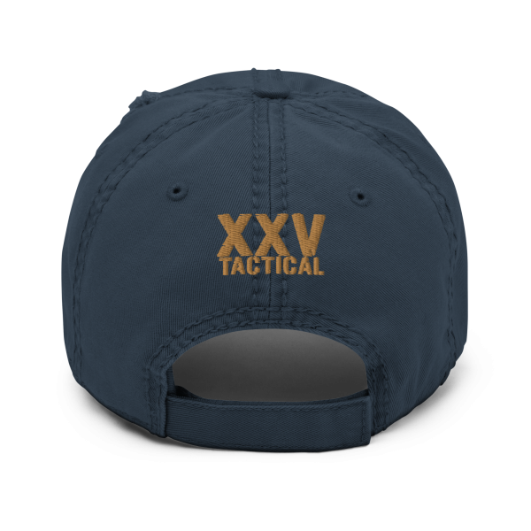 A distressed navy We The People Distressed Dad Hat with the word xxx tactical on it.