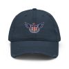 A distressed navy American Eagle Distressed Dad Hat with an American Eagle design on it.