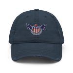 A distressed navy American Eagle Distressed Dad Hat with an American Eagle design on it.