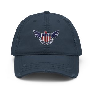 A distressed navy American Eagle Distressed Dad Hat with an American Eagle design on it.