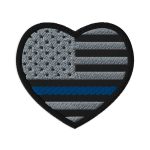 A Heart Shaped Law Enforcement Blue Line Flag Patch adorned with a thin blue line, representing support for law enforcement.