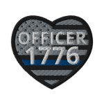 A Customizable Heart Shaped LEO Blue Line Flag Patch with the words "officer 1776" on it, inspired by the LEO Blue Line Flag.
