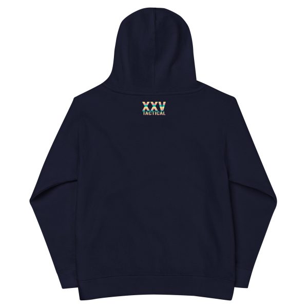 The back of a Unicorn 'Dream Believe Achieve' fleece hoodie with the word vx on it.