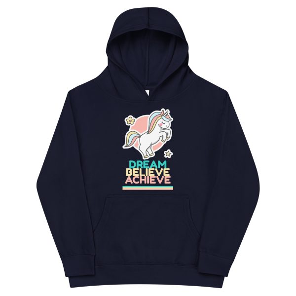 Stay warm and cozy in this Unicorn 'Dream Believe Achieve' fleece hoodie.