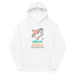 A white Unicorn 'Dream Believe Achieve' Fleece Hoodie with a touch of unicorn magic.