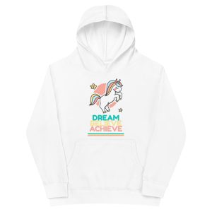 A white Unicorn 'Dream Believe Achieve' Fleece Hoodie with a touch of unicorn magic.