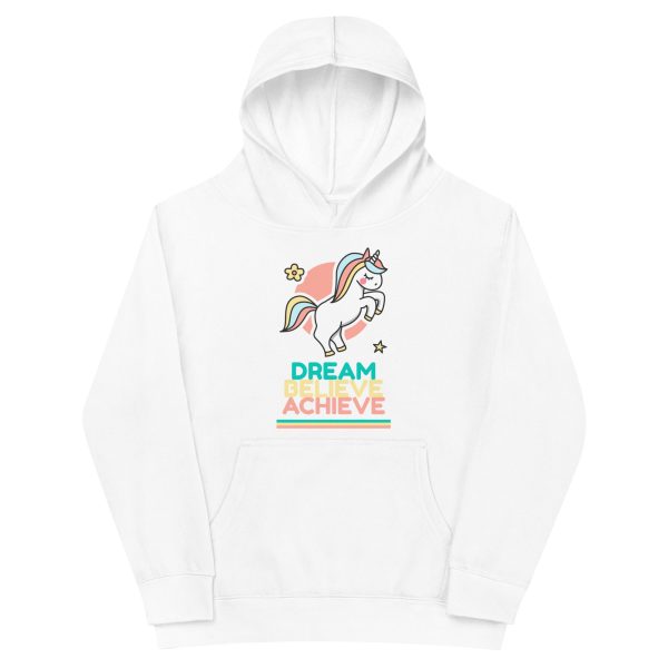 A white Unicorn 'Dream Believe Achieve' Fleece Hoodie with a touch of unicorn magic.