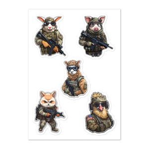 A set of Funny Tactical Barnyard Animal Stickers featuring soldiers and barnyard animals in tactical poses.