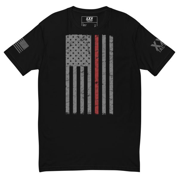 A black t-shirt with a Thin Red Line Flag on it.