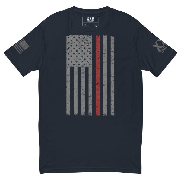 An American Thin Red Line Flag t-shirt with thin red and white stripes.