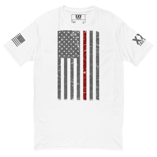 A white t-shirt with an American flag and Thin Red Line Flag on it can be replaced with: A white t-shirt with a Thin Red Line Flag on it.