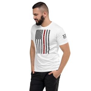 A man wearing a Thin Red Line Flag t-shirt.