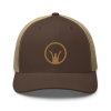 An Iron Sights Trucker Cap with a gold crown on it.