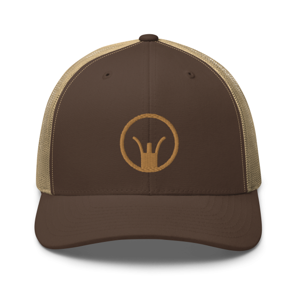 An Iron Sights Trucker Cap with a gold crown on it.