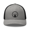An Iron Sights Trucker Cap in black and gray with a crown on it.