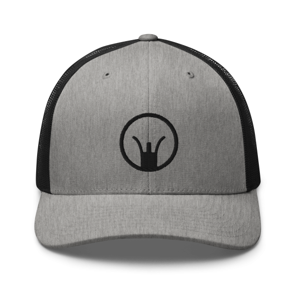 An Iron Sights Trucker Cap in black and gray with a crown on it.