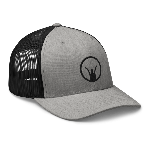 A grey and black Iron Sights Trucker Cap with a black logo.