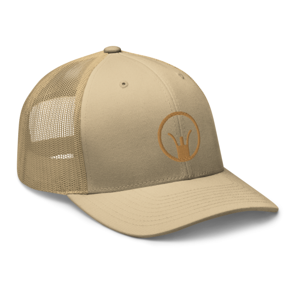 An Iron Sights Trucker Cap with a golden crown on it.