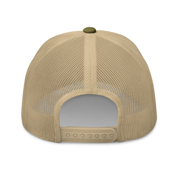 The back of a tan XXV Tactical Trucker Cap on a black background.