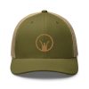 A green Iron Sights Trucker Cap adorned with a golden crown, perfect for any Iron Sights enthusiast or fan of the classic Trucker Cap style.